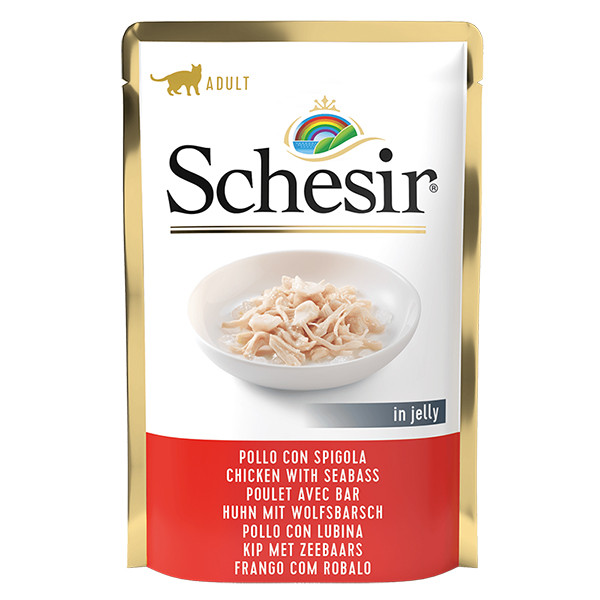 Schesir Chicken Seabass ШЕЗІР КУРЯЧЕ ФІЛЕ З МОРСЬКИМ ОКУНЕМ в желе натуральні консерви для котів, вологий корм, пауч 85г