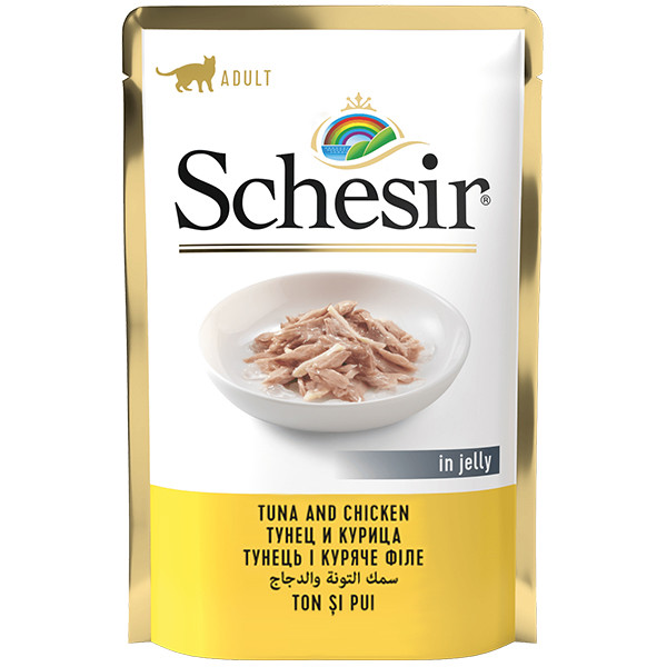 Schesir Tuna and Chicken ШЕЗІР ТУНЕЦЬ З КУРЯЧИМ ФІЛЕ в желе натуральні консерви для котів, вологий корм, пауч 85г