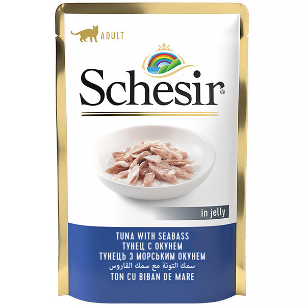 Schesir Tuna with Seabass ШЕЗІР ТУНЕЦЬ З МОРСЬКИМ ОКУНЕМ в желе натуральні консерви для котів, вологий корм, пауч 85г