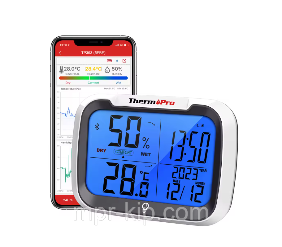 Термогігрометр реєстратор ThermoPro TP393B з годинником і Bluetooth, контроль, запис та оповіщення через додаток до 80м