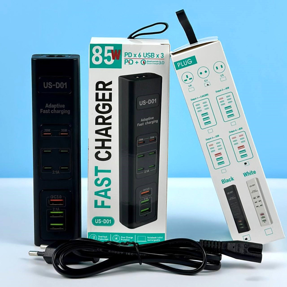 Мультизарядний мережевий пристрій на 9 USB від 220 V 85 W 4 Type-c + 3 USB (1QC3.0+2PD55W)