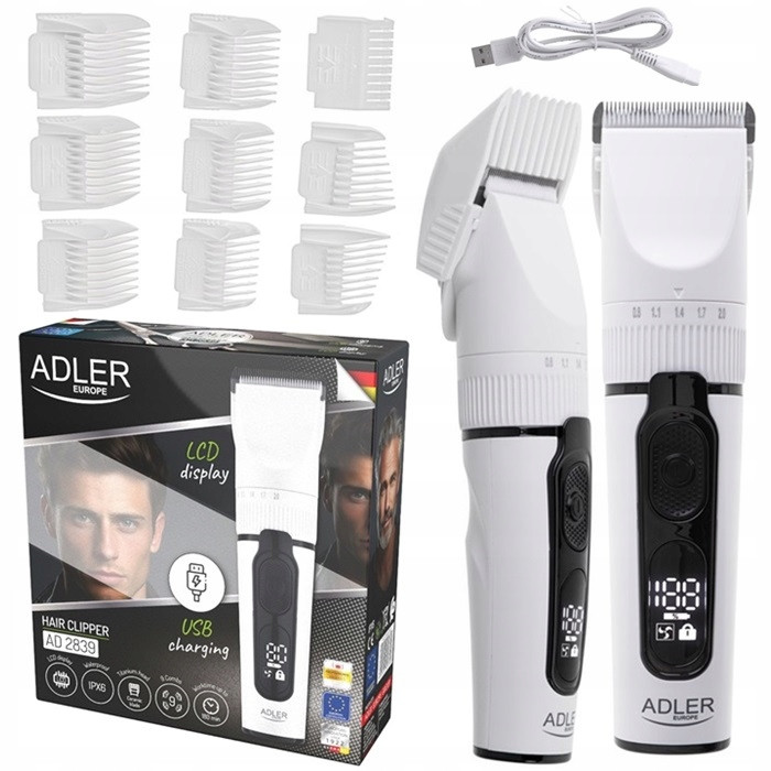 Машинка для стрижки волосся Adler AD 2839 — 2000 мА·год, до 180 хв роботи, LCD-дисплей, титаново-керамічне лезо, IPX6, USB зарядка, фото 1