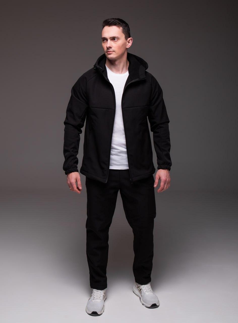 Чоловічий костюм Softshell чорний на флісі Вітрівка + Штани Софт Шелл з капюшоном весняний утеплений