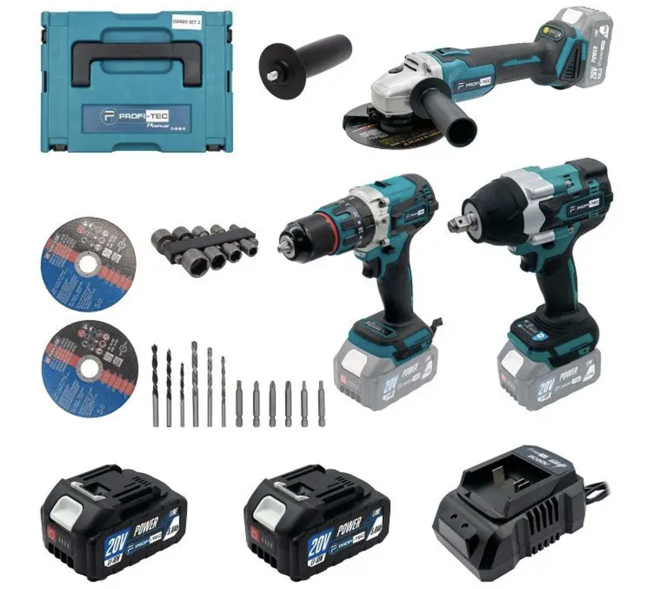 Набір акумуляторний PROFI-TEC Combo Set 3/4 (DHP485BL/PGA202BL/DTW800BL/2акум.20В 4Аг/зарядний/кейс)