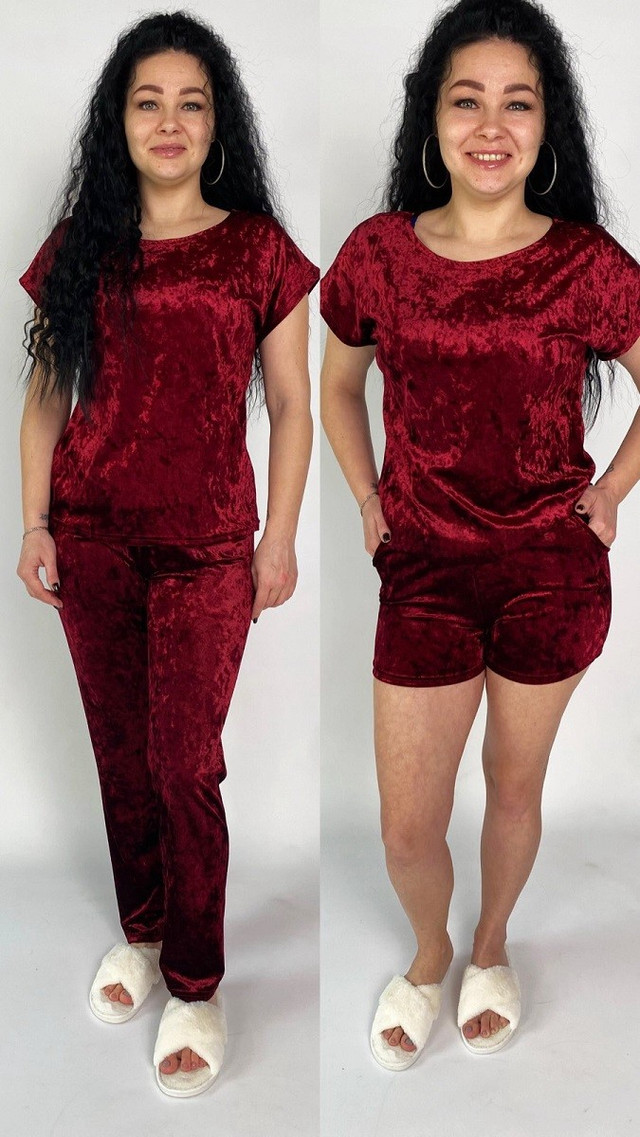 Пижама женская велюровая тройка бордовый 48-58р.