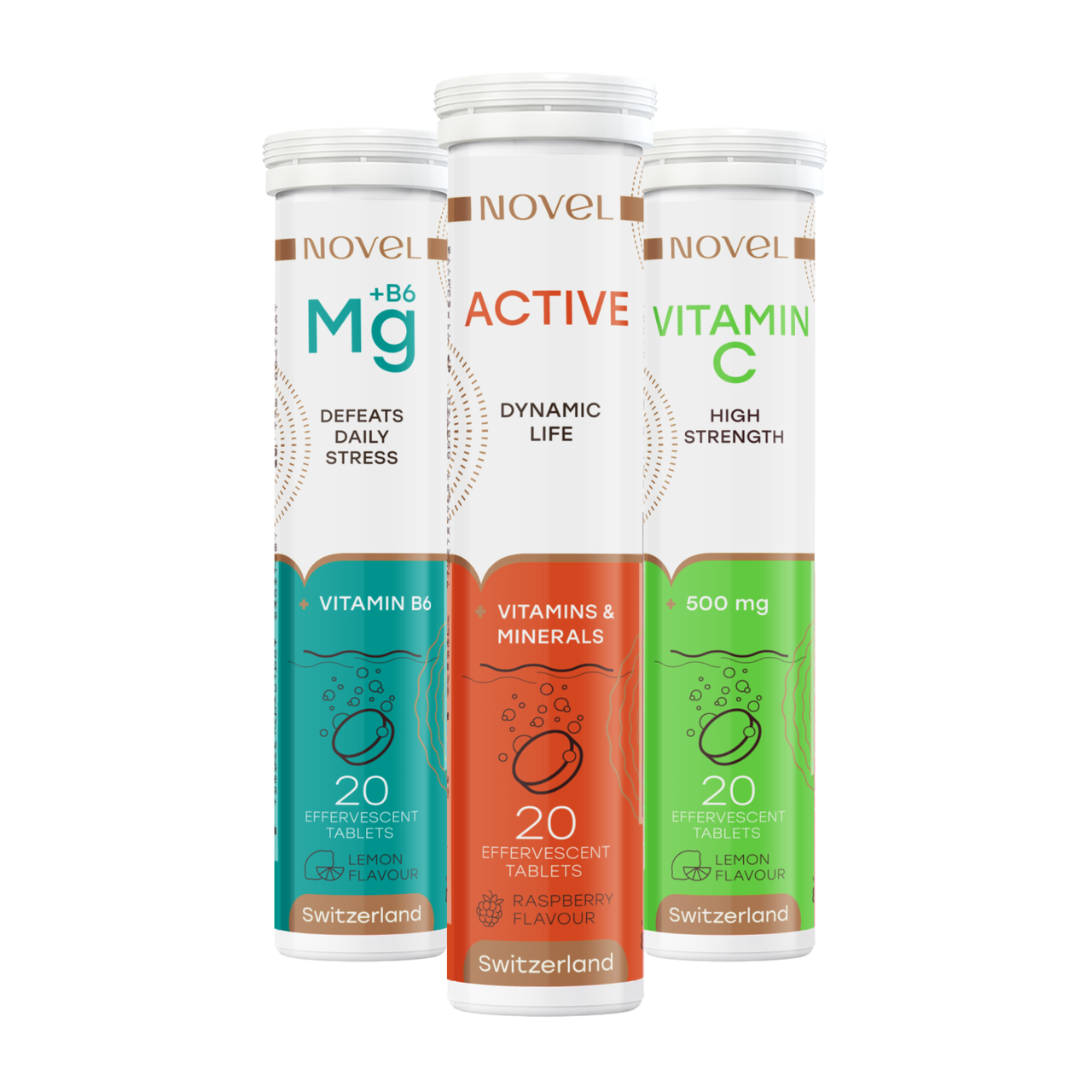 Вітаміни шипучі NOVEL Magnesium №20 + NOVEL Active №20 + NOVEL Vitamin C №20