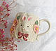 Керамічний кухоль з кроликом у вінтажному стилі 330 мл (Рожевий), фото 2