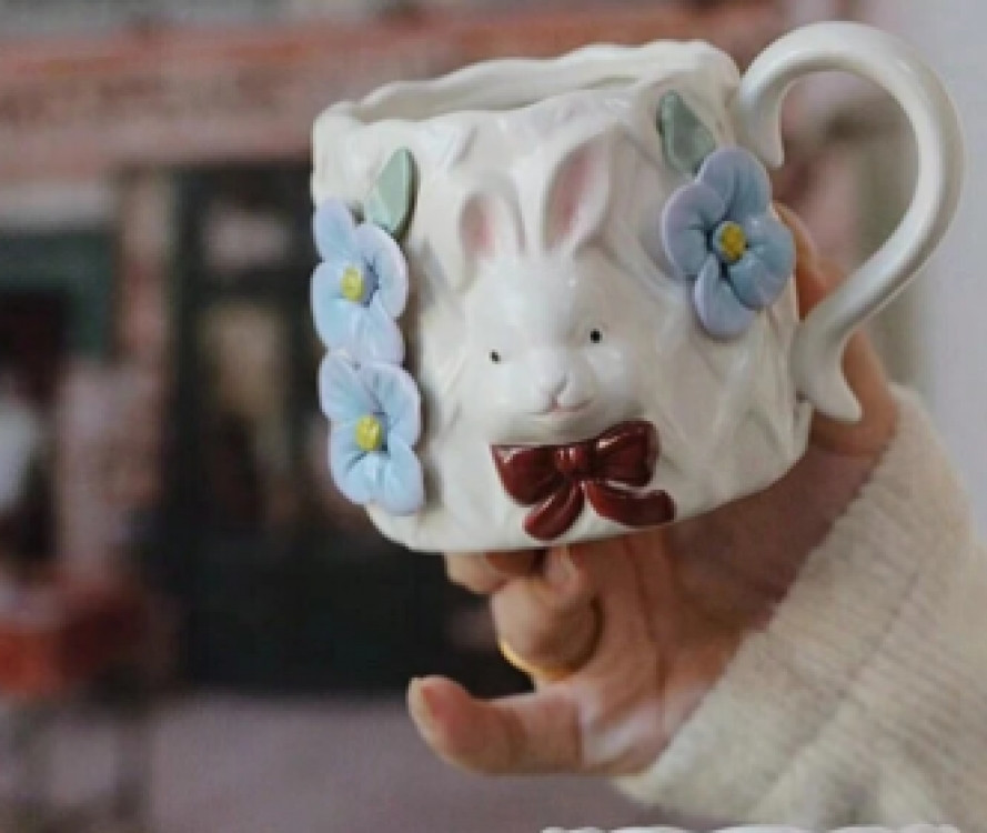 Керамічний кухоль з кроликом у вінтажному стилі 330 мл (Блакитний), фото 1