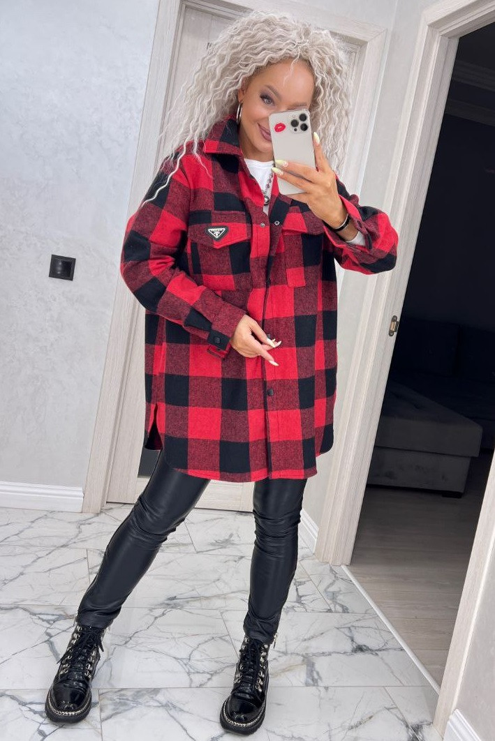 Сорочка жіноча тепла вовняна в клітинку оверсайз великих розмірів червона