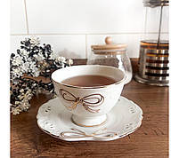 2329 Чашка з блюдцем Білий бант 240мл, фото 3