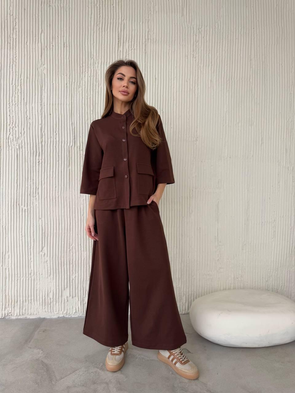 Жіночий трикотажний костюм сорочка і кюлоти oversize onesize 42-46 кюлоти на резинці і сорочка на ґудзиках