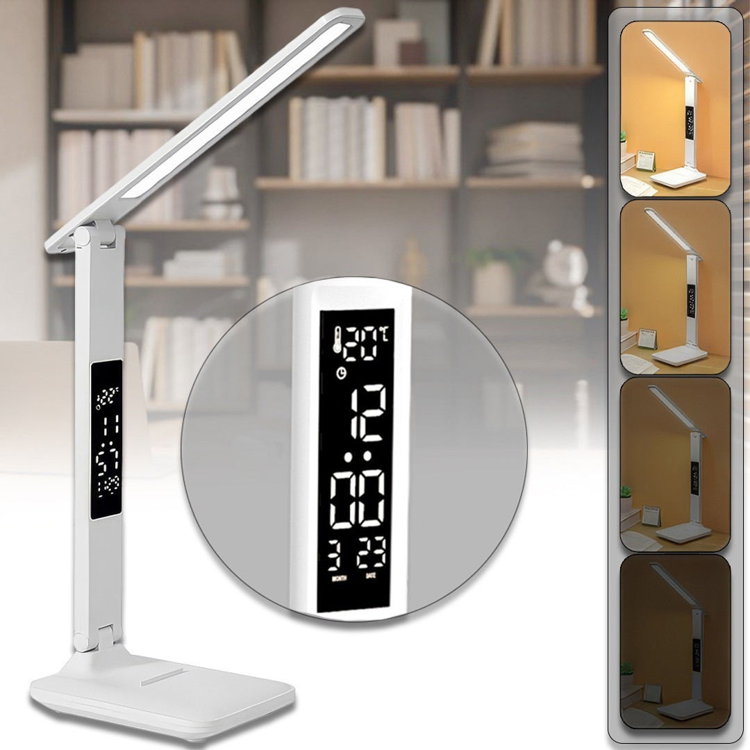 LED настільна лампа з акумулятором, годинником та термометром 868S White, фото 1