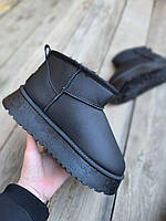 Угги ЧЕРНЫЕ BLACK эко Кожа Мини с лейбл UGG короткие на высокой платформе зима ботинки полусапожки женские