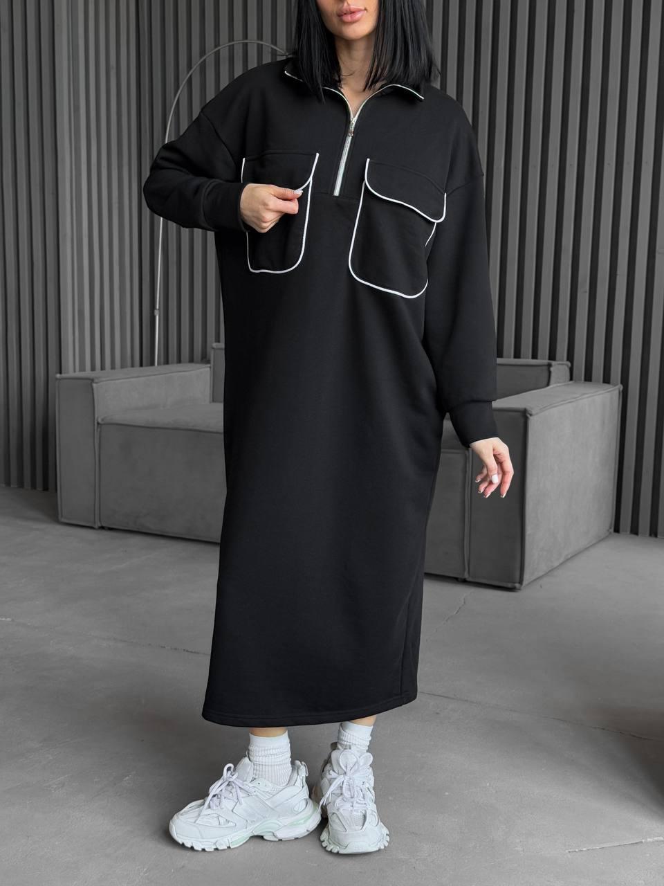 Жіноча чорна довга спортивна сукня oversize onesize 42-48 тринитка петля комір поло на блискавці