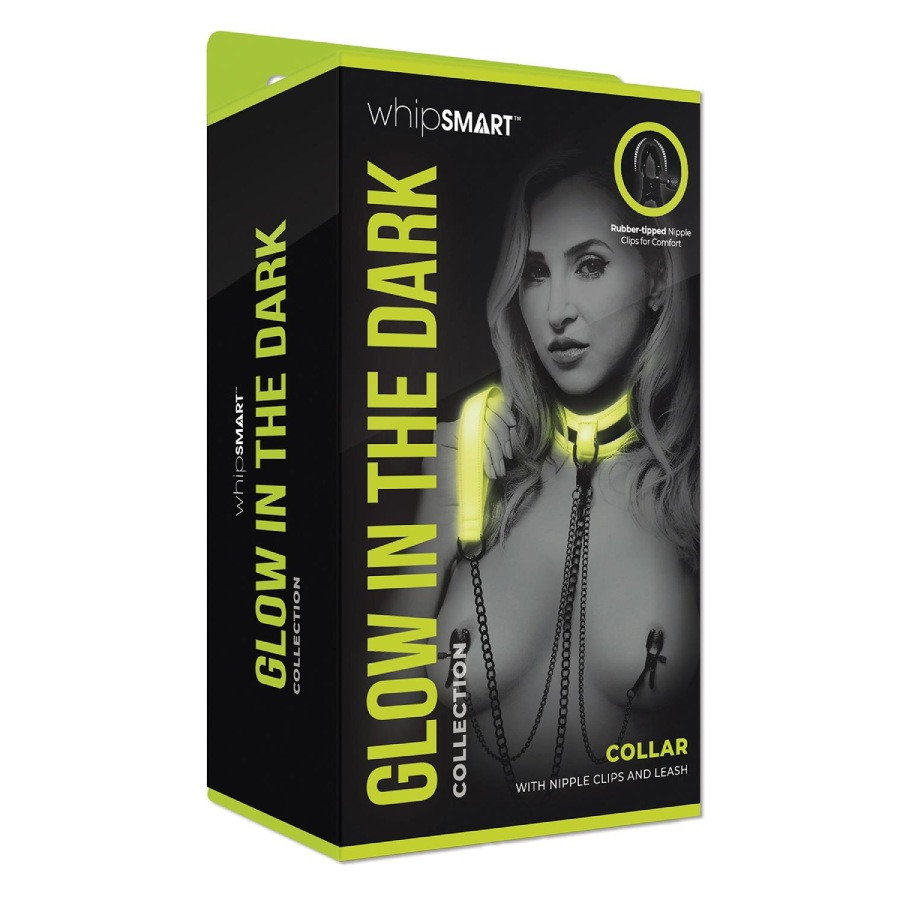 Нашийник, що світиться в темряві Whipsmart з кліпсами для сосків і повідцем, чорний, 73 см, фото 1