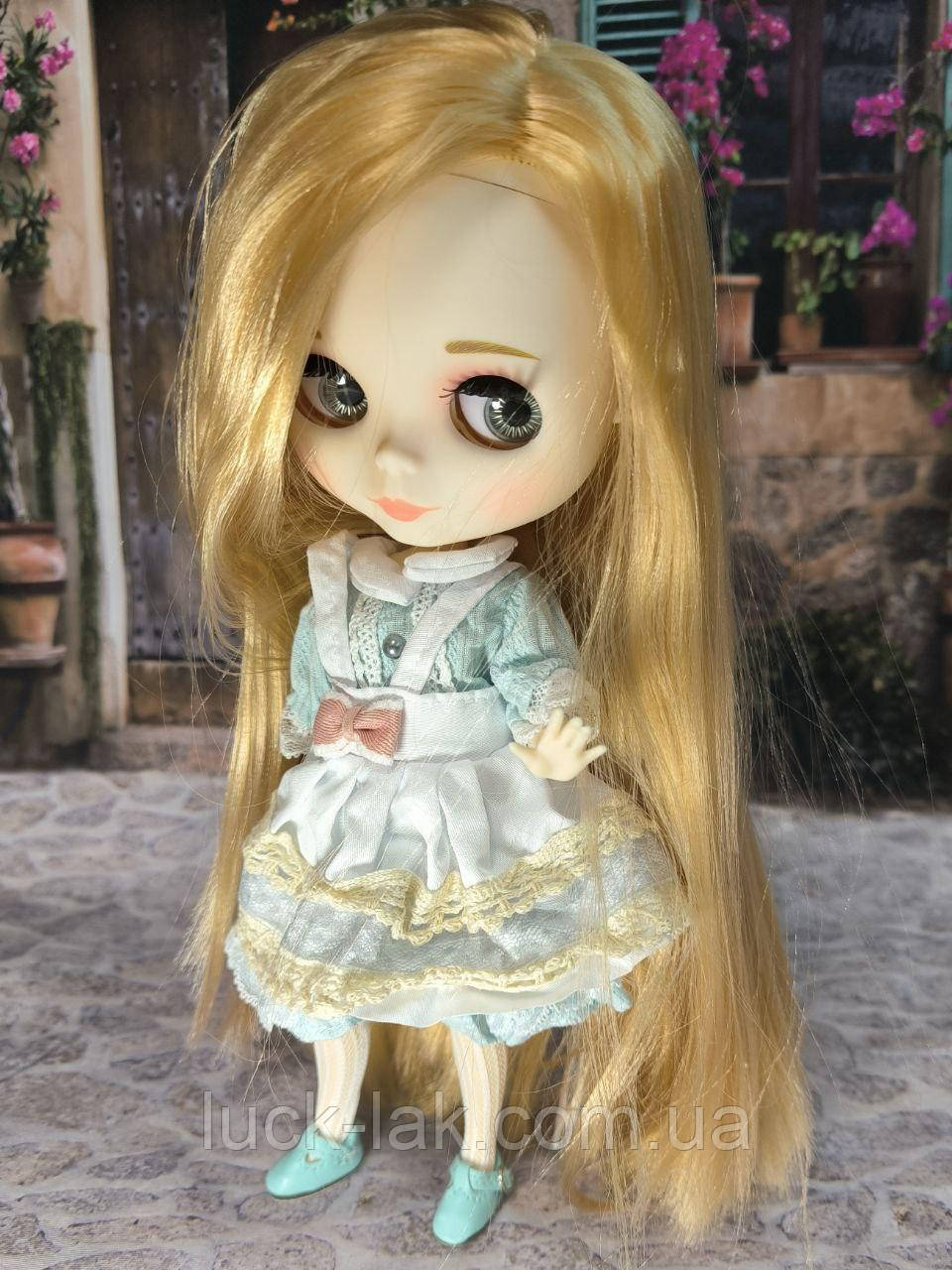 Лялька Блайз Blythe Аліса з довгим персиковим волоссям, 3D-очі 4 кольори 10 пар пензлів, блакитне плаття