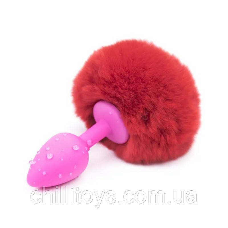 Рожева силіконова анальна пробка з червоним хвостиком Silicone Fur Tail Plug