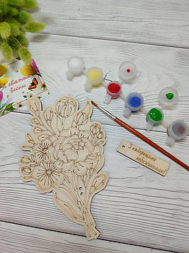 Набір для творчості, дерев'яна листівка для розфарбовування "Букет квітів № 1", подарунок на 8 Березня