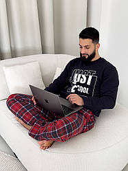 Піжама чоловіча ТРИКОТАЖ НА ПІДЧОСІ штани клітинка+лонгслів ЧЕВРОНО-СИНІЙ KMW20 KMW07