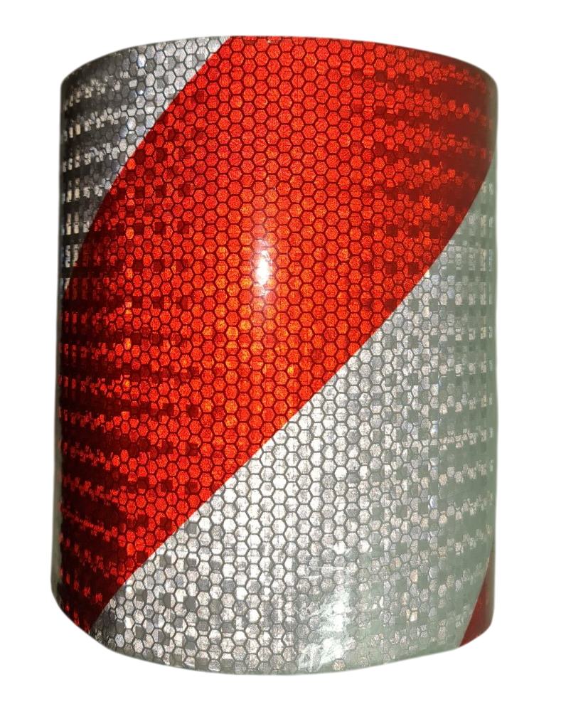 Світловідбиваюча самоклеюча "похила" БІЛО-ЧЕРВОНА стрічка, рулон 50 м, ширина 20 см