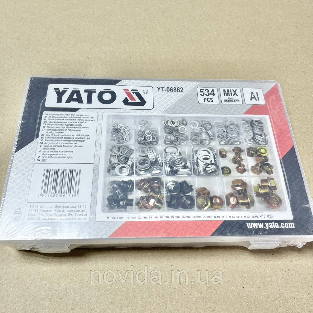 Шайби Ø6-20 мм та заглушки М10-М20, алюмінієві YATO у пластиковій коробці, набір, 534 шт.