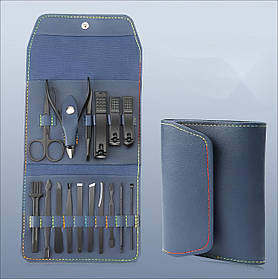 Набір для манікюру педикюру інструментів кусачки пилочка пінцет ножиці в наборі 16 шт, кейс синій