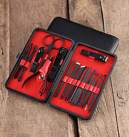 Набір для манікюру і педикюру універсальних інструментів, 16 шт, колір чорний у кейсі пінцет, ножиці, пилочка