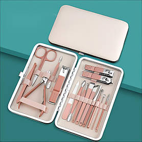 Набір для манікюру і педикюру універсальний багатофункціональний кейс в ножиці, пилочка, пінцет 16 шт, бежевий