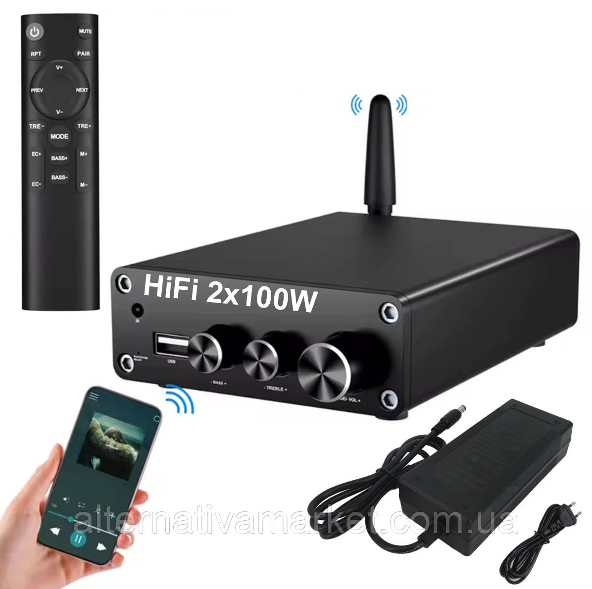 HiFi цифровий підсилювач звуку VTF - AC05 + блок живлення 24V, Bluetooth 5.3, USB, AUX, 2x100W, фото 1