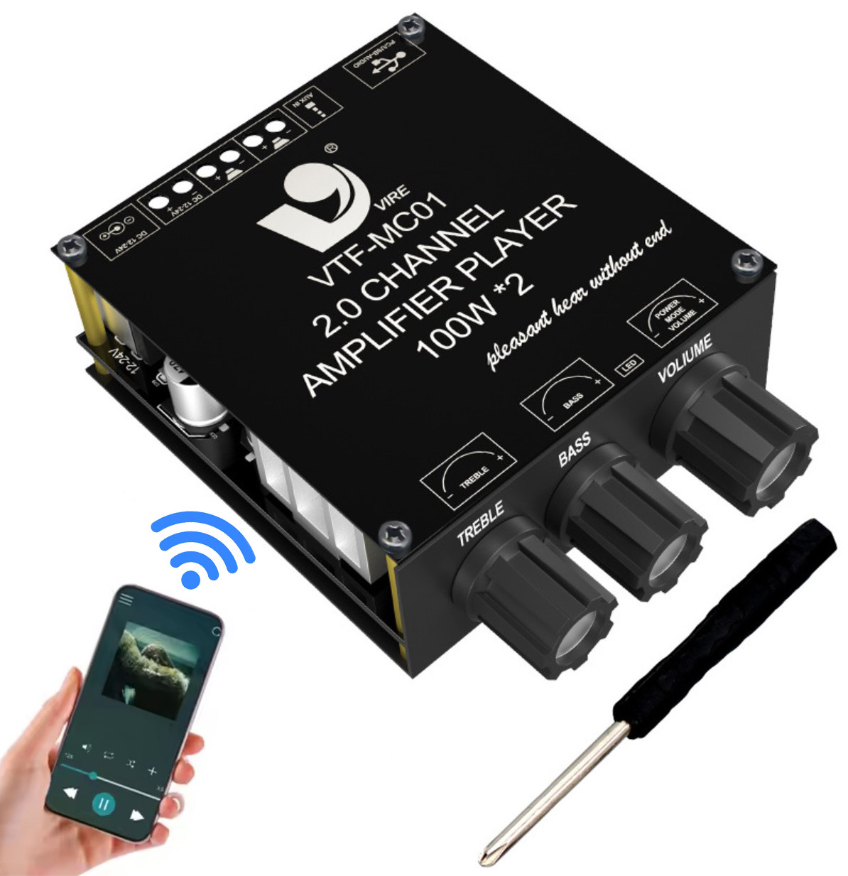 HiFi цифровий підсилювач звуку VTF-MC01 (Bluetooth 5.3, USB, AUX, 2x100W)