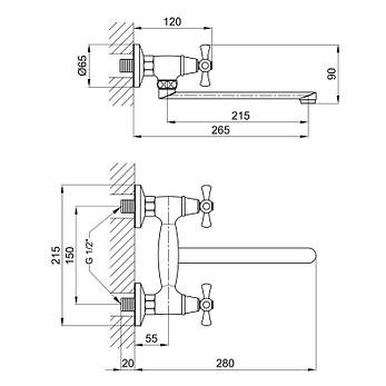 Змішувач для раковини Lidz Lamb 361 настінний з поворотним виливом двохвентильний LDLAM361CRM22309 Chrome, фото 2