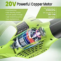 Bigzzia Cordless Leaf Blower Електричний садовий повітродув з акумулятором 20 В 1 зарядний пристрій 2 різ, фото 5
