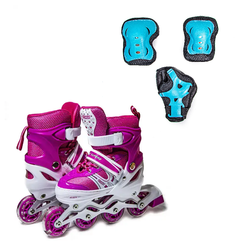 Ролики розсувні Super Power (розміри 29-33 / 38-41) із захистом (на коліна, лікті та долоні). Рожеві