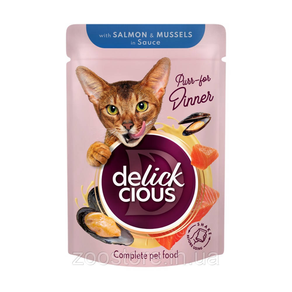 Корм вологий Delickcious для дорослих котів Шматочки з лососем і мідіями в соусі 85 г