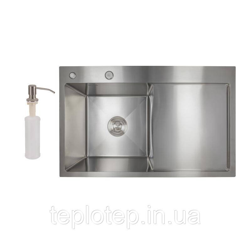 Мийка для кухні інтегрована Lidz Handmade H7849R крило праворуч (LDH7849BRUR45591) Brushed Steel 3,0/1,0 мм, фото 1