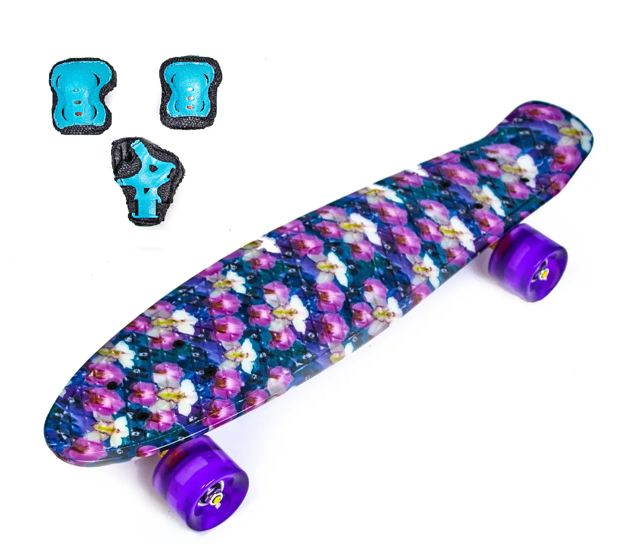 Набір скейтборд Penny Board. Орхідея + захист на коліна, лікті та долоні. Колеса світяться під час катання! Набір скейтборд Penny Board. Орхідея + захист на коліна, лікті та долоні. Колеса світяться під час катання!