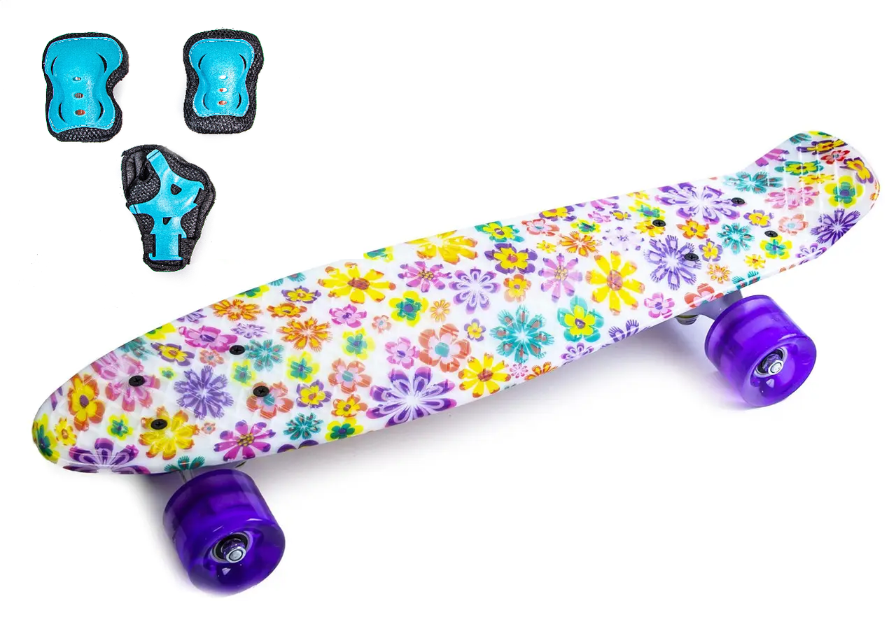 Набір скейтборд Penny Board. Квіточки + захист на коліна, лікті та долоні. Колеса світяться під час катання!