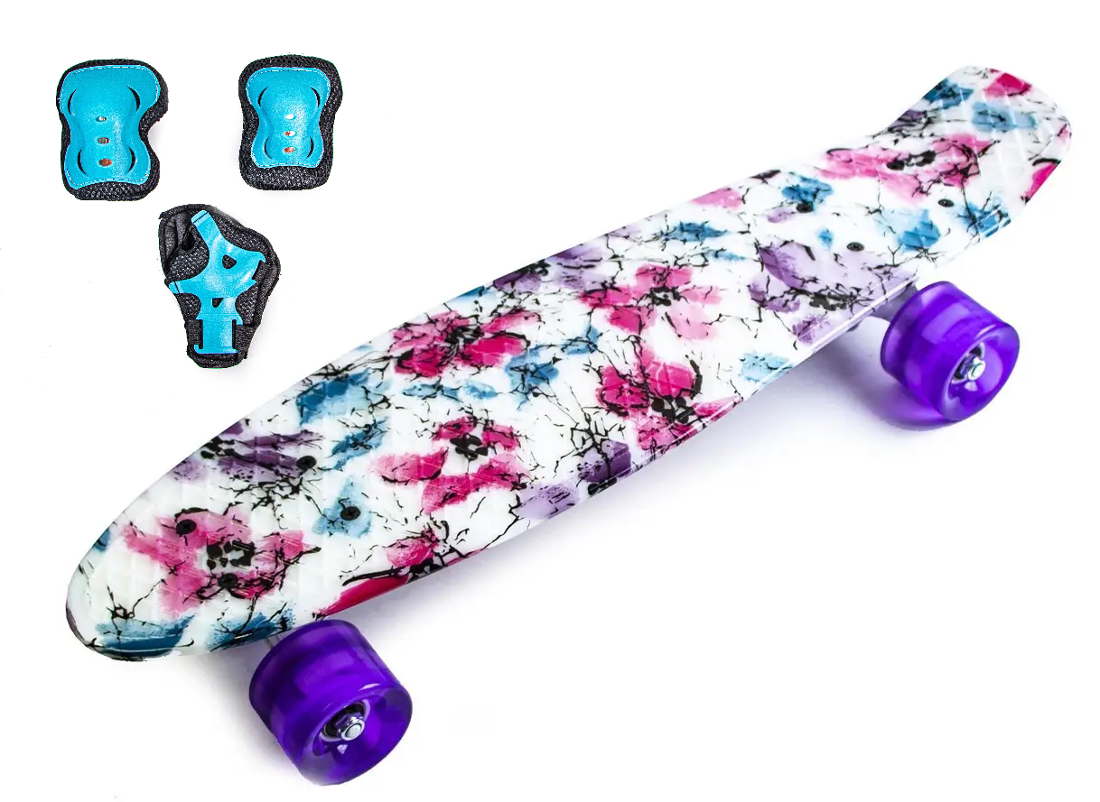 Набір скейтборд Penny Board. Маки + захист на коліна, лікті та долоні. Колеса світяться під час катання!