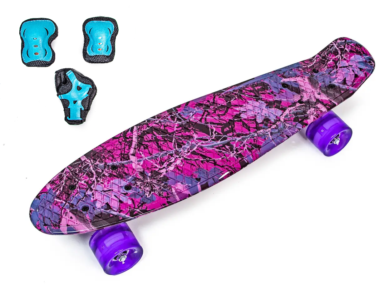 Набір скейтборд Penny Board. Forest + захист на коліна, лікті та долоні. Колеса світяться під час катання!