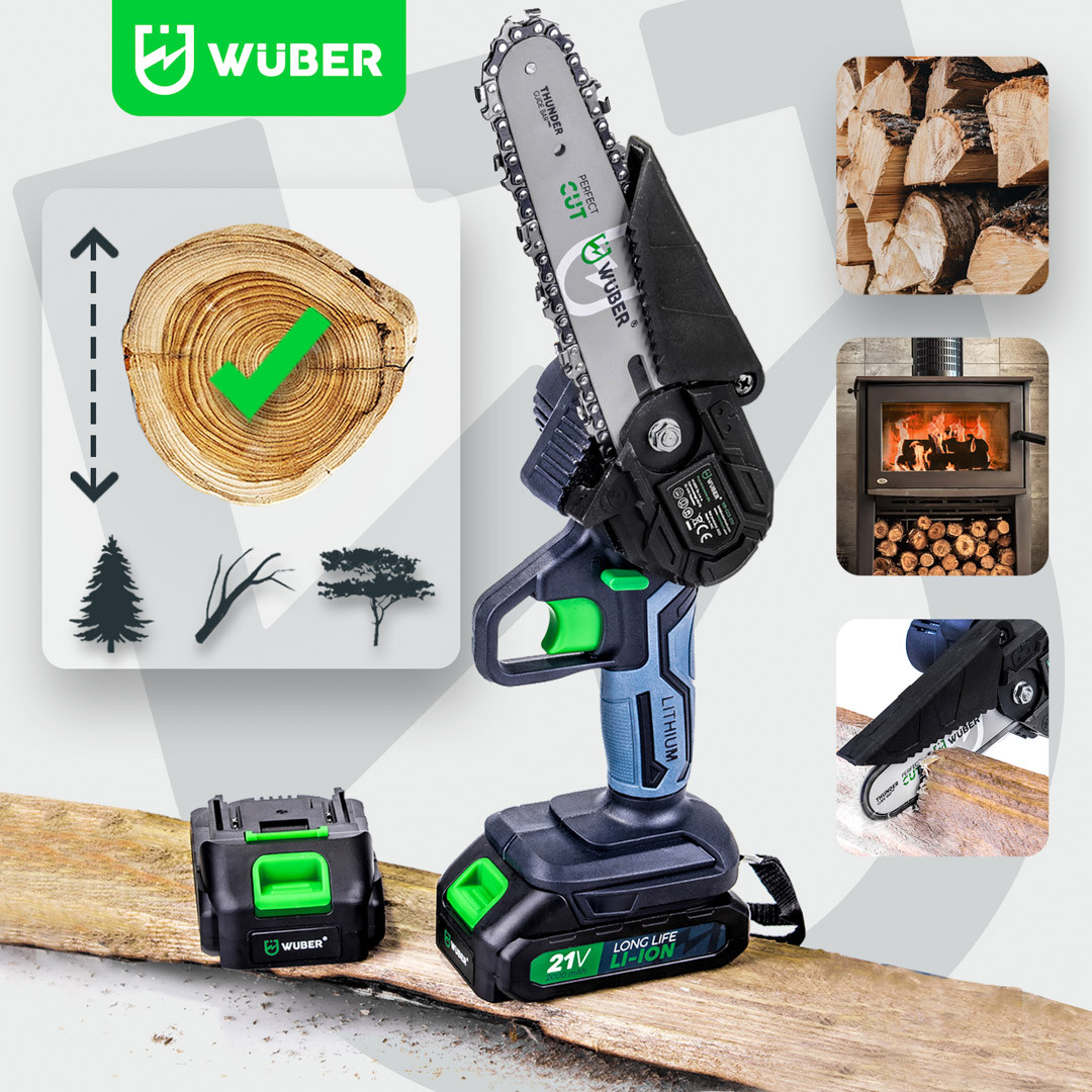 Акумуляторна ланцюгова міні-пила Wuber W37000 (2 x акумулятор 21V 2.0Ah) Довжина шини 10см