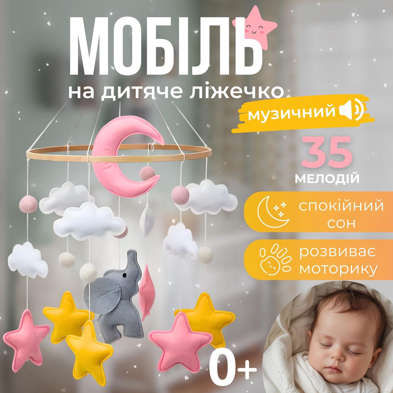 Мобіль на ліжечко дитячий музичний карусель іграшка каруселька для новонароджених дітей гіпоалергенна