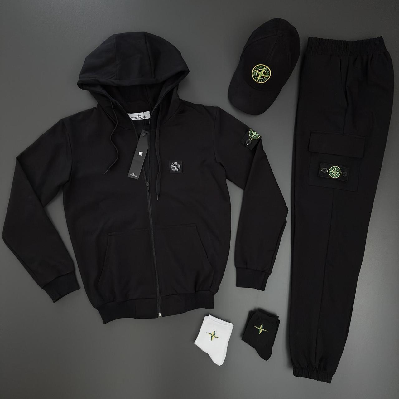 Чоловічий спортивний костюм Stone Island Толстовка + Штани + Кепка чорна з капюшоном на блискавці Стон Айленд