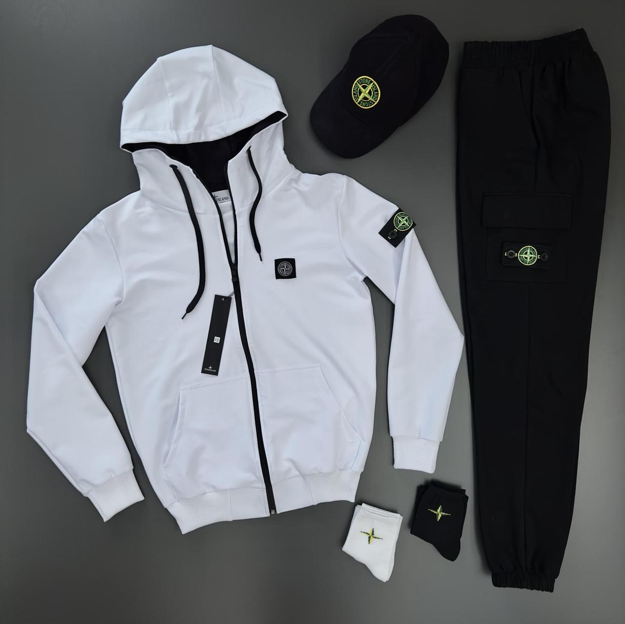 Чоловічий спортивний костюм Stone Island Толстовка + Штани + Кепка білий з капюшоном на блискавці Стон Айленд