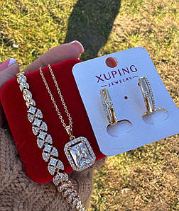Набір Прикрас Xuping Ланцюжок 45-50 см + Кулон + Сережки + Браслет 17-19см (18к колір золота 585п) 77-516