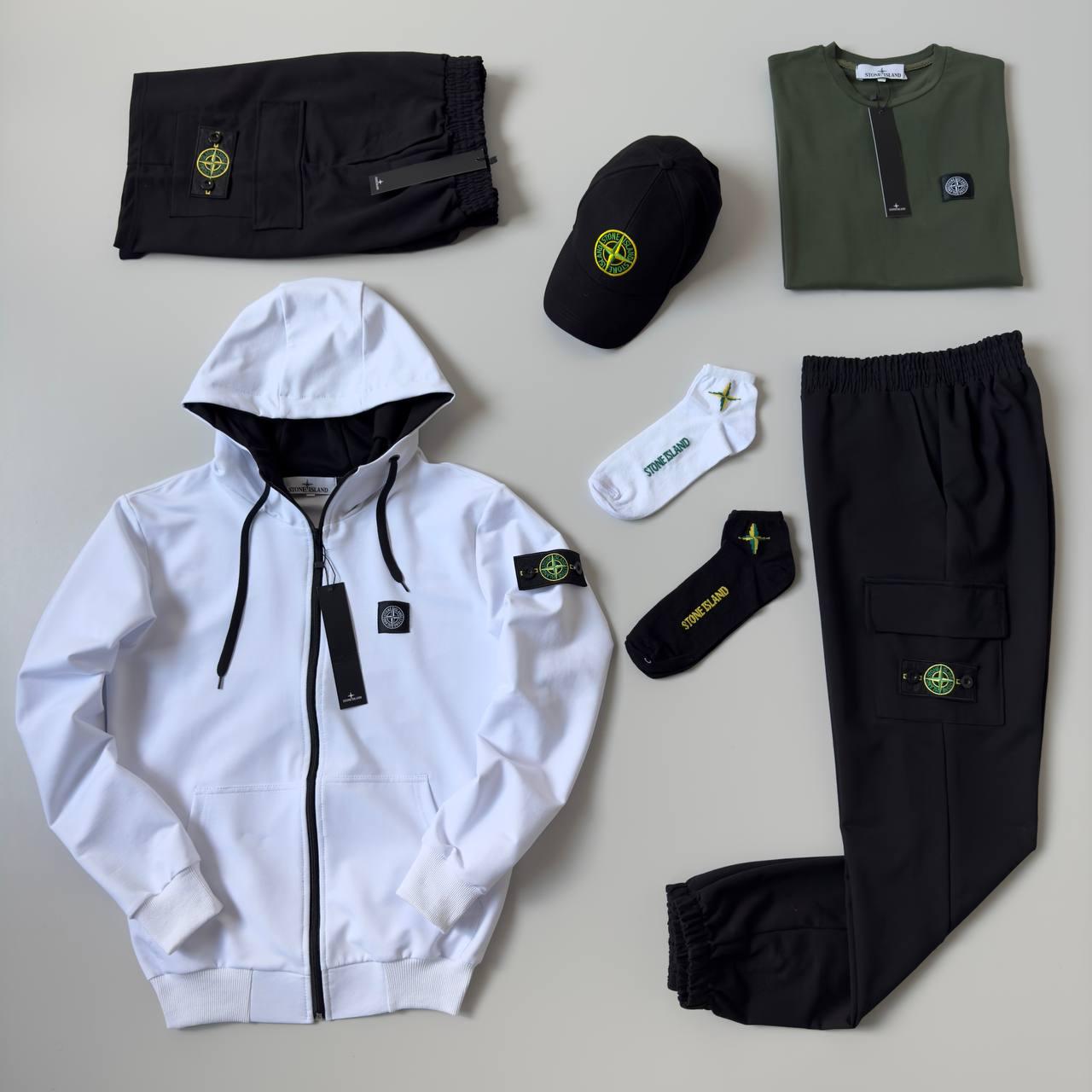 Чоловічий спортивний костюм Stone Island 7в1 Костюм + Футболка + Шорти + Кепка білий з чорним Стон Айленд
