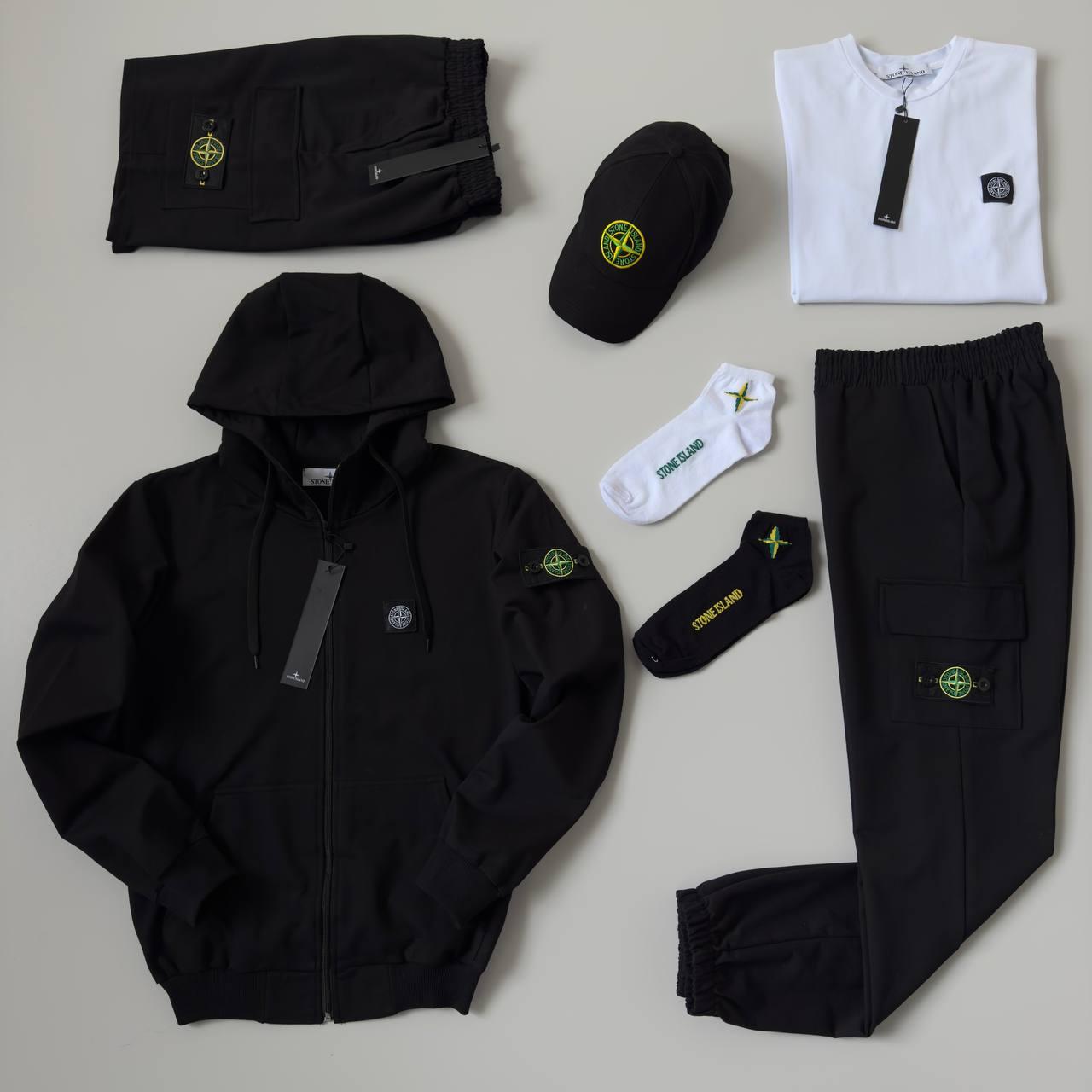 Чоловічий спортивний костюм Stone Island 7в1 Костюм + Футболка + Шорти + Кепка чорний з білим Стон Айленд
