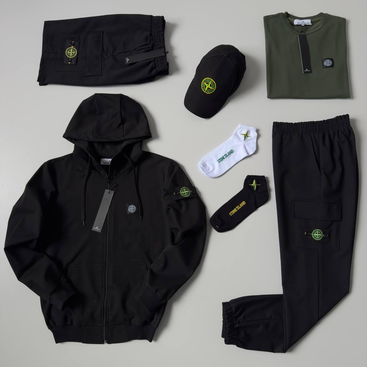 Чоловічий спортивний костюм Stone Island 7в1 Костюм + Футболка + Шорти + Кепка чорний з хакі Стон Айленд