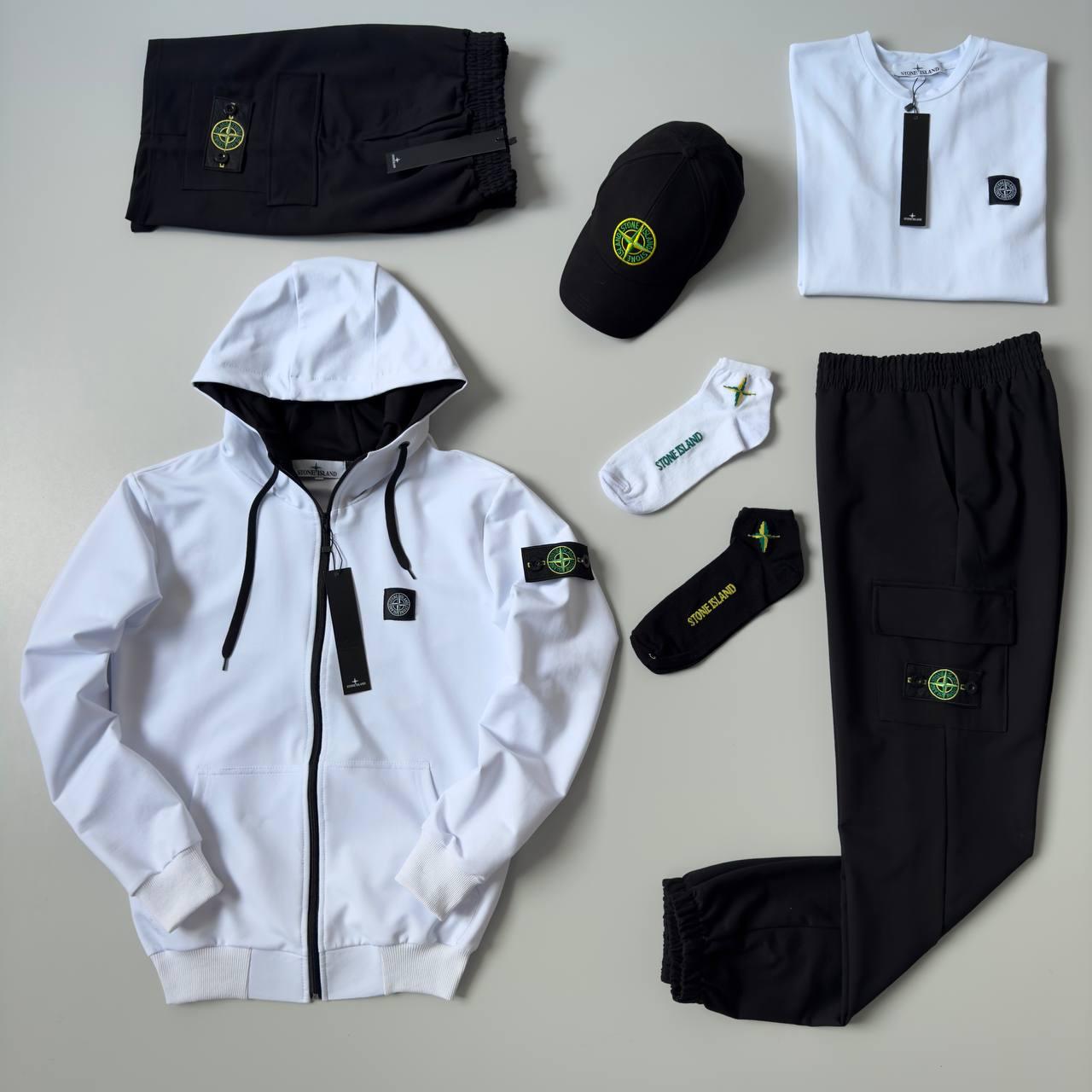 Чоловічий спортивний костюм Stone Island 7в1 Костюм + Футболка + Шорти + Кепка білий з чорним Стон Айленд