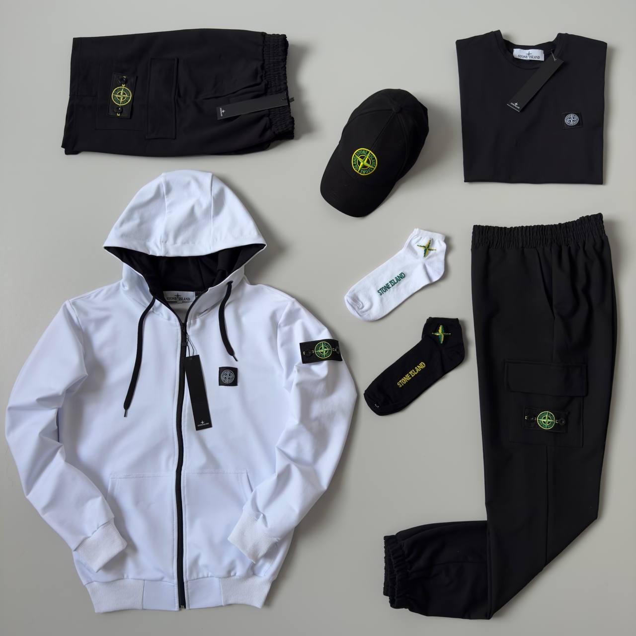 Чоловічий спортивний костюм Stone Island 7в1 Костюм + Футболка + Шорти + Кепка білий з чорним Стон Айленд