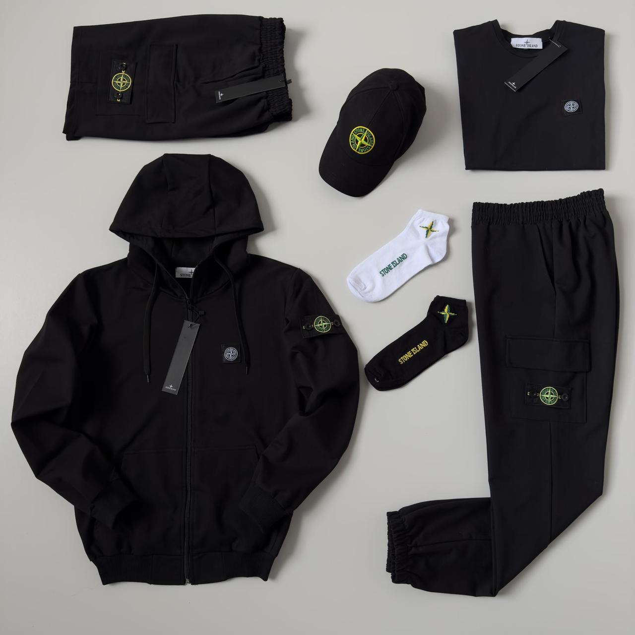 Чоловічий спортивний костюм Stone Island 7в1 Костюм + Футболка + Шорти + Кепка чорний Стон Айленд